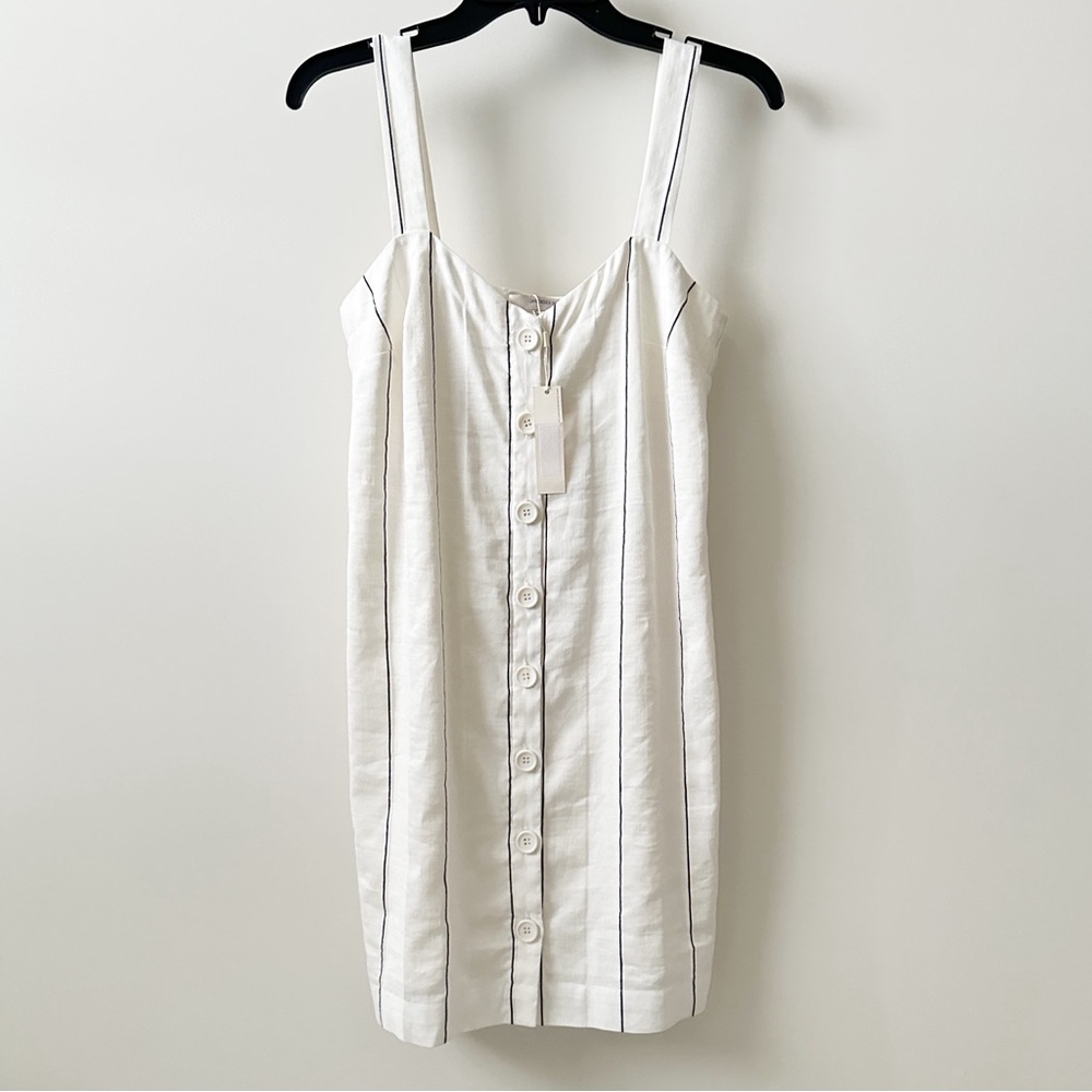 NWT Lavender Brown White Linen Button Front Tie Back Mini Striped Dress Small